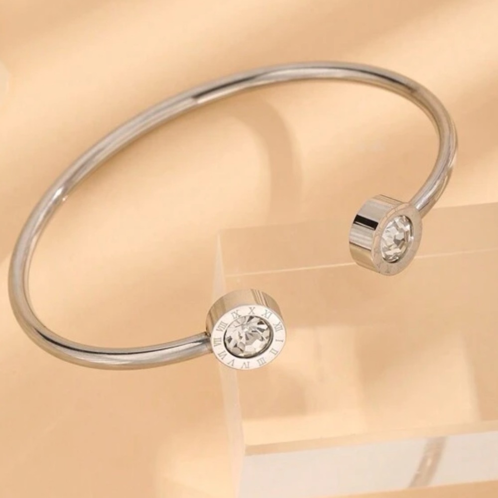 Luxury Roman Numerals Stainless Steel Cuff Inlaid Cubic Zirconia Bracelet
